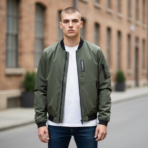 Rokka & Rolla Men’s Lightweight Bomber Jacket Olive‎ Green Zip Up Size Large